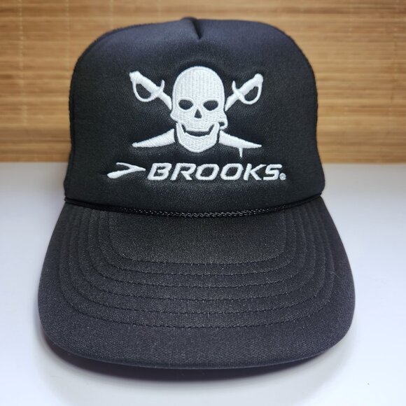 Brooks Pirate Trucker Hat Cap Snapback Mesh Back Black & White 5 Panel Rope - Picture 1 of 9